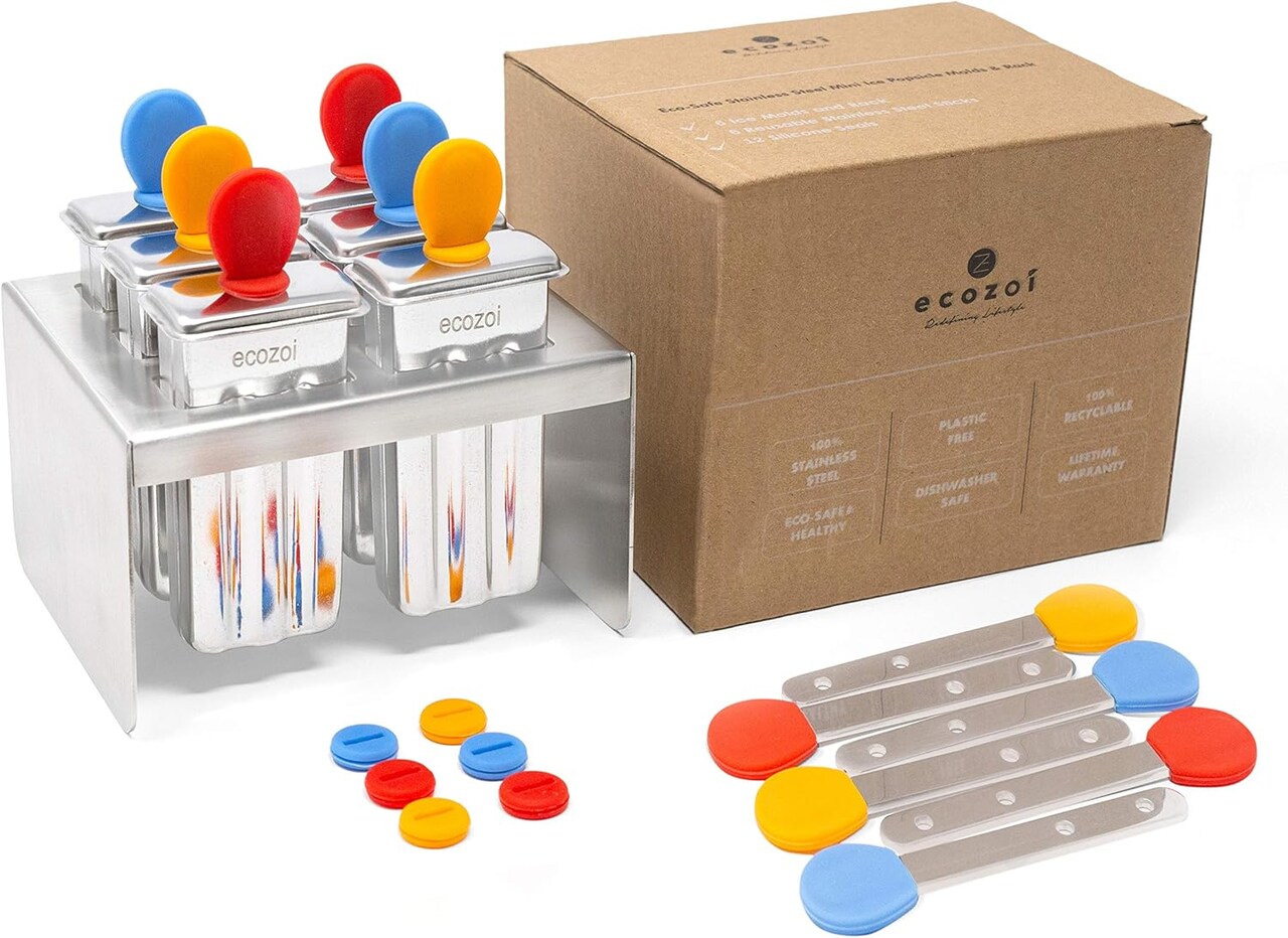 Stainless Steel Mini Popsicle Molds – 6-Cavity Eco-Friendly Ice Pop Maker with Reusable Stainless Steel Sticks, 12 Silicone Seals & Rack, 2 oz per Mold – BPA-Free DIY Frozen Treats for Kids and Adults